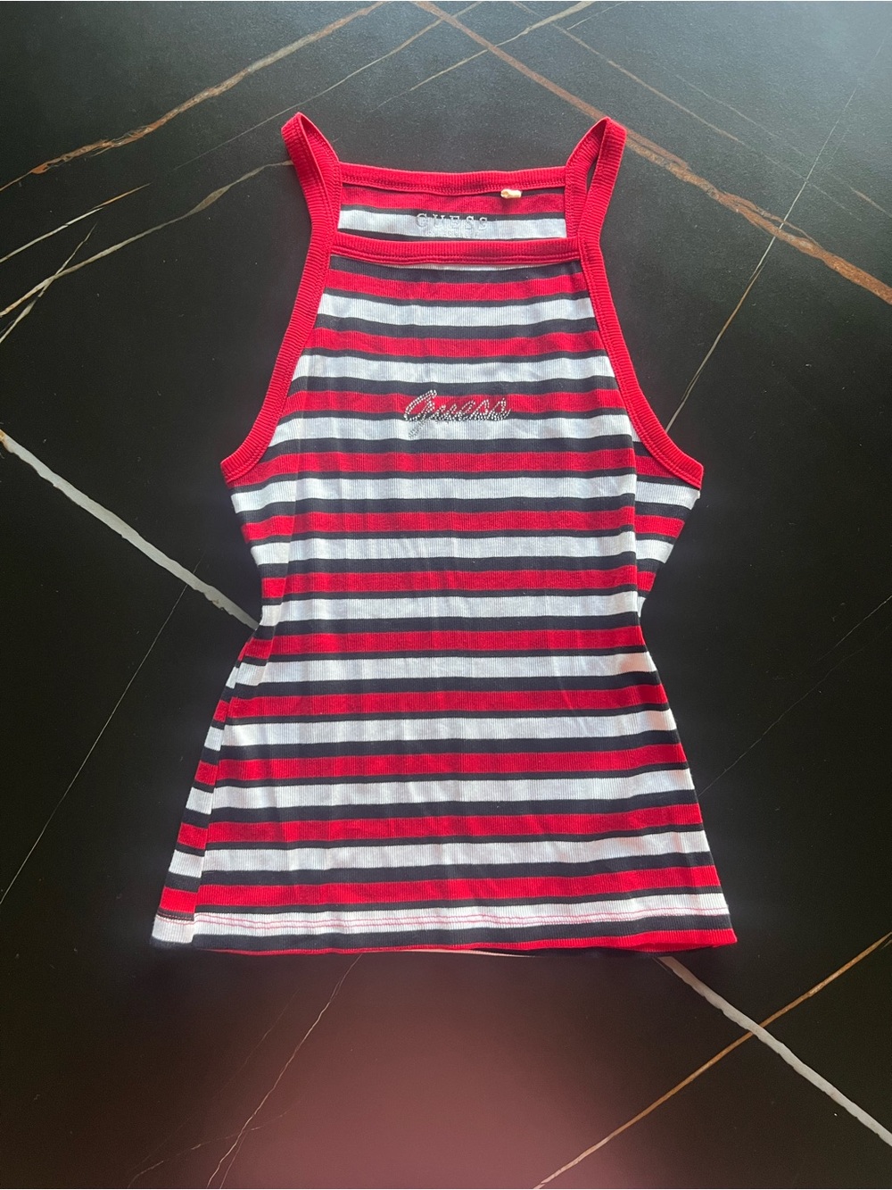 Guess Red, White & Black Striped Racerback Tank Top
